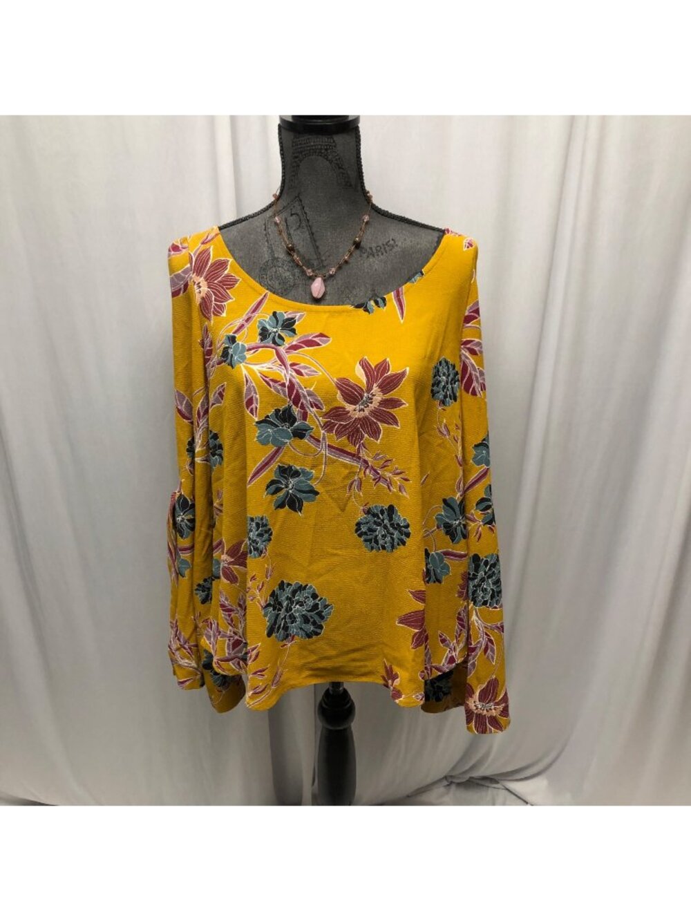 Shyanne Top Womens Size Large Mustard Yellow Floral Slit Bell Sleeve Western